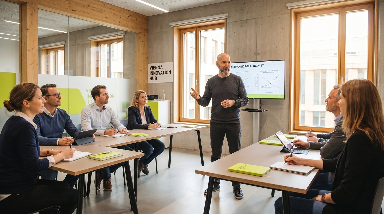 Martin Kowarik unterrichtet eine Gruppe in der Biohacking Coach Ausbildung in Wien